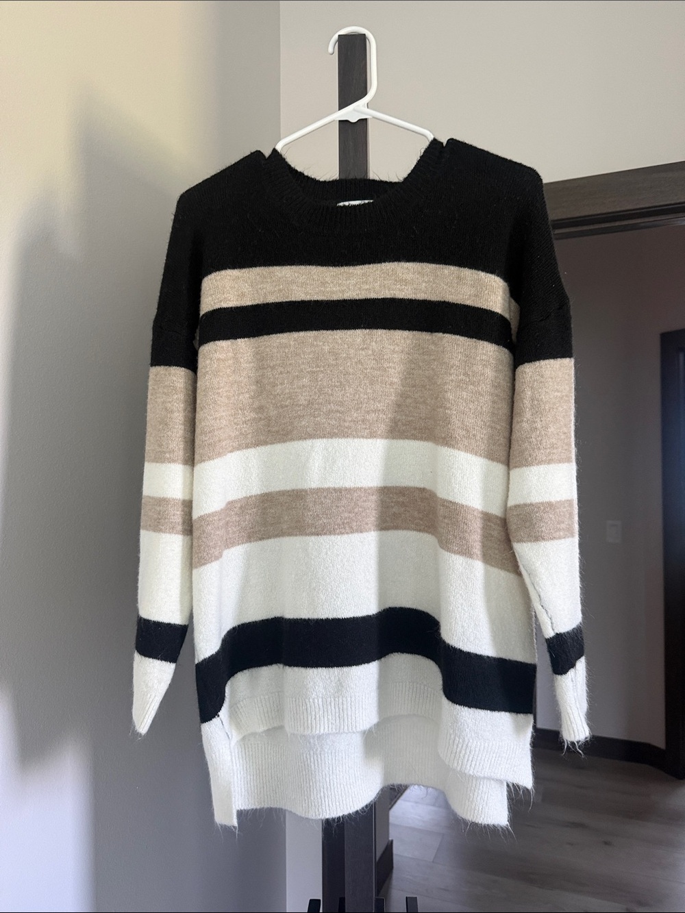 MACARON Striped Crewneck Sweater in Black, Cream & Tan